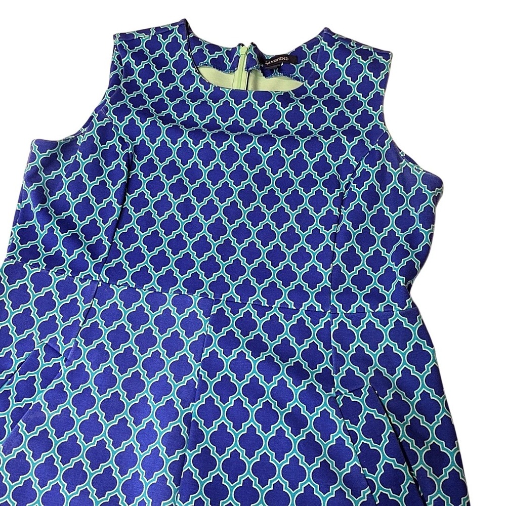 Lands' End Sheath Dress Womens 12P Blue Teal Quatrefoil‎ Sleeveless Ponte